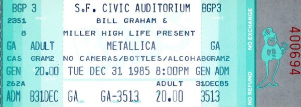 METALLICA 1985 RIDE THE LIGHTNING TOUR UNUSED CONCERT TICKET-NEW YEAR'S EVE