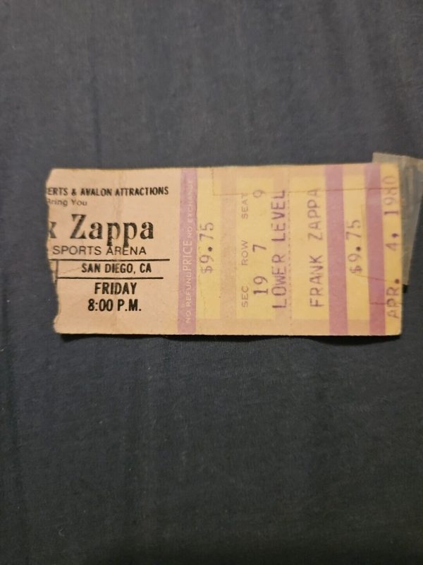Vtg 1980 Frank Zappa Music Concert Ticket Stub. San diego.