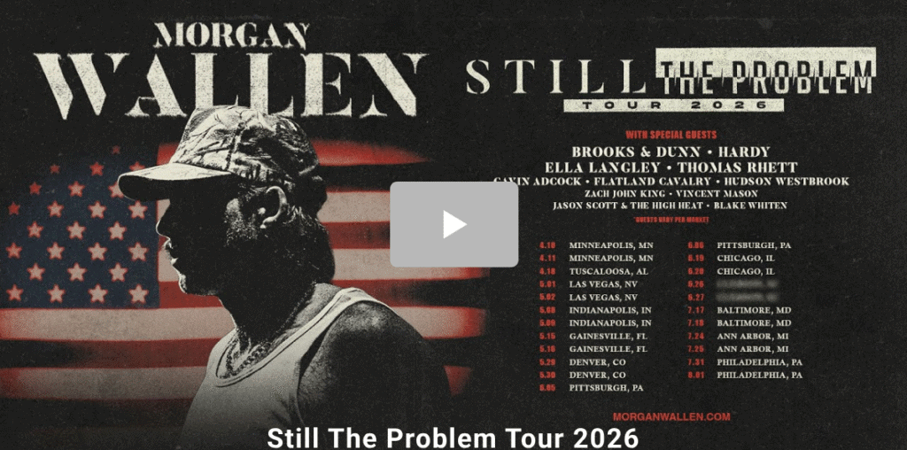 Morgan Wallen Still The Problem Tour 2026 concert poster with artist image and tour dates, patriotic American-themed design for fans.