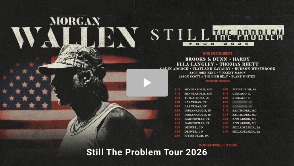 Morgan Wallen Still The Problem Tour 2026 concert poster with artist image and tour dates, patriotic American-themed design for fans.