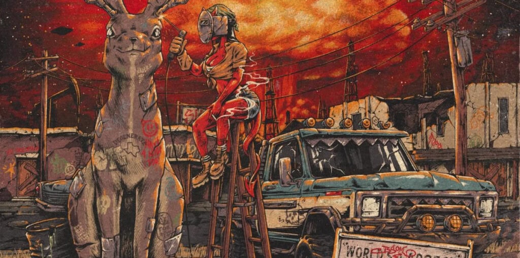 Weathered rabbit statue with "Treaty Oak Revival" on base in a graffiti-covered urban setting.