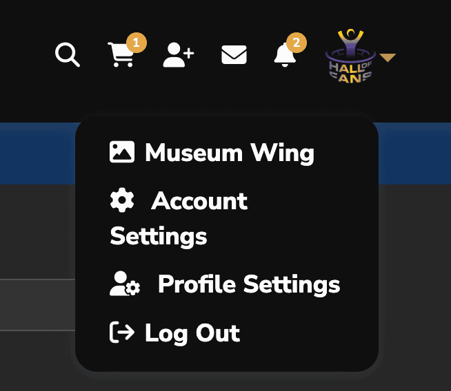 User menu with Museum Wing, Account Settings, Profile Settings, Log Out