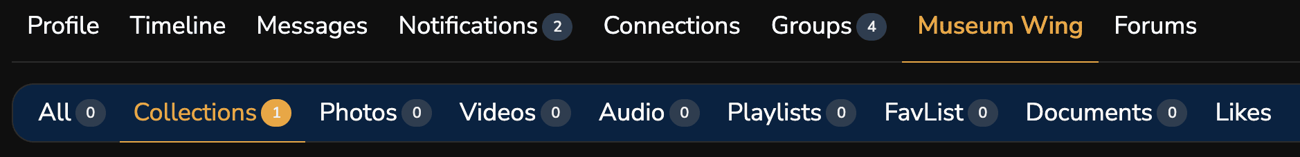 Museum Wing navigation tabs