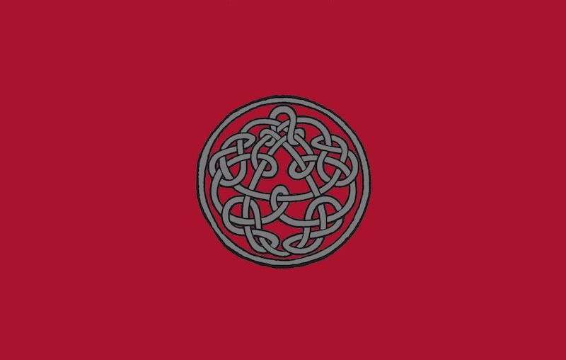Intricate Celtic knot design on red background, inspired by King Crimson's Discipline album cover.