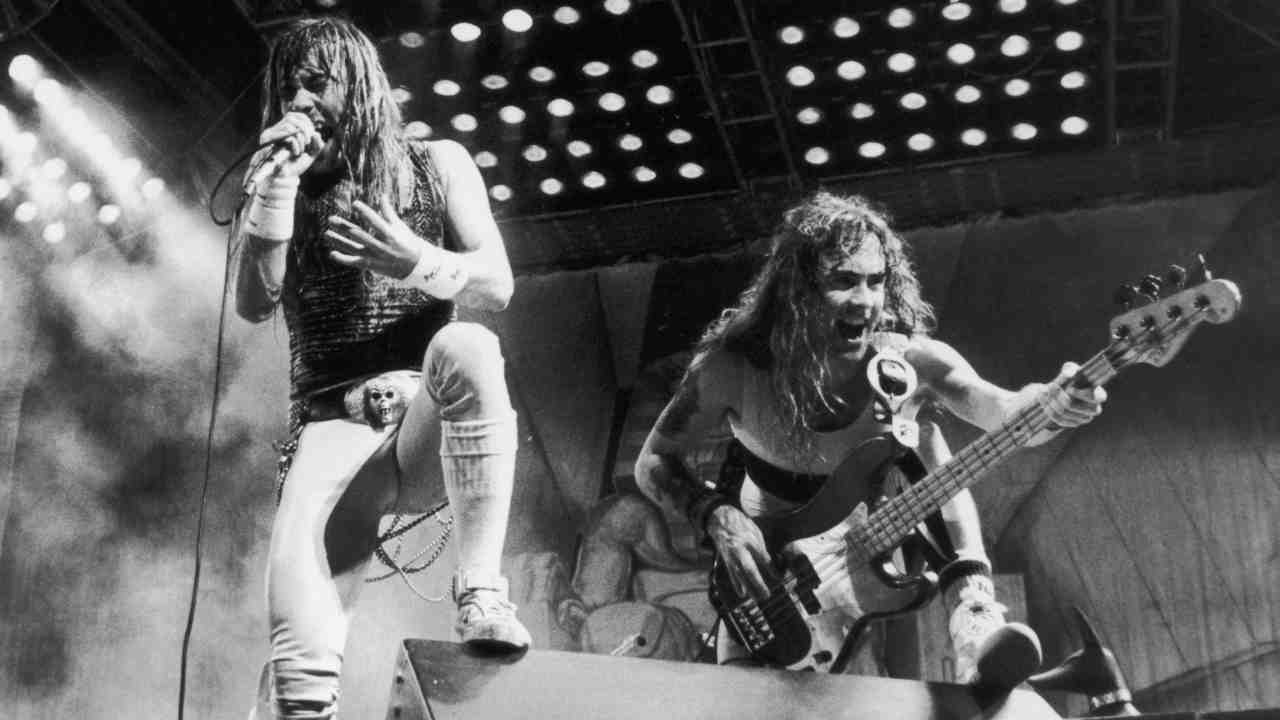 Iron Maiden’s Bruce Dickinson and Steve Harris performing at the Rock In Rio festival in 1985