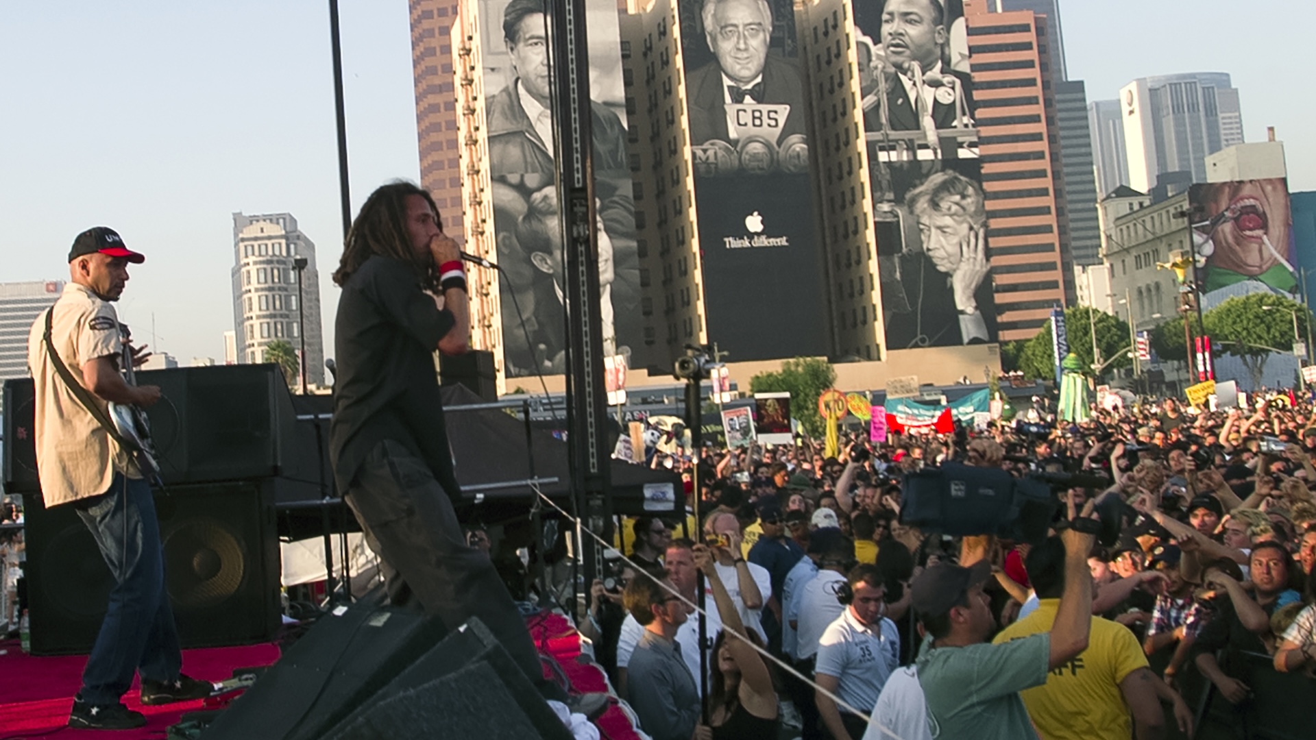 Rage Against The Machine perform outside at the designated protest site near the Democratic National Convention in Los Angeles, on August 14, 2000