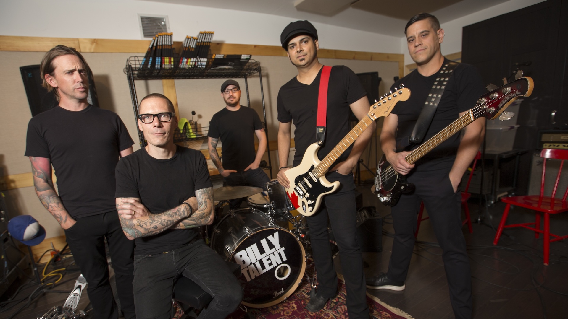 Ben Kowalewicz, Aaron Solowoniuk, Jordan Hastings, Ian D'Sa, Jon Gallant. Toronto band Billy Talent at their east Toronto rehearsal/studio space as they prepare for a summer tour in 2016