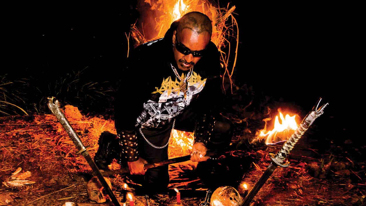 Mystifier guitarist Beelzeebubth for a photograph in 2020