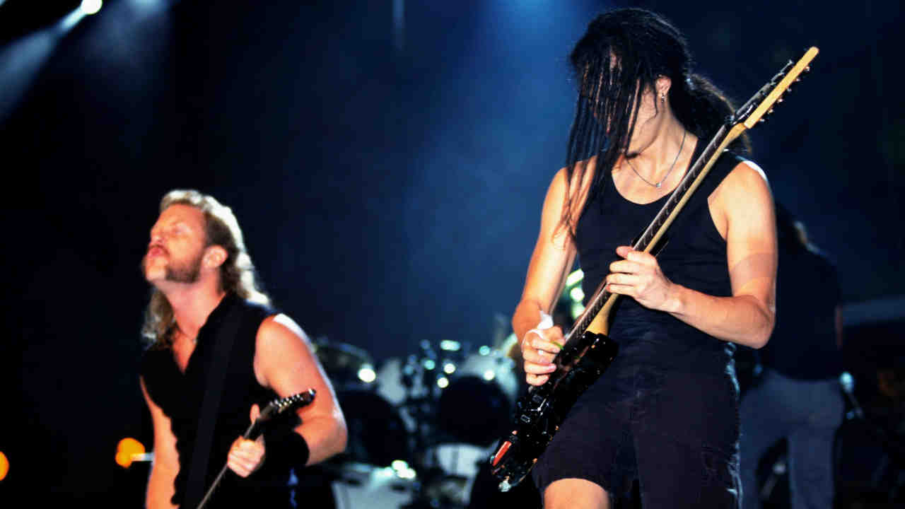 Metallica&amp;rsquo;s James Hetfield and Kirk Hammett performing onstage at the Woodstock &amp;rsquo;94 festival