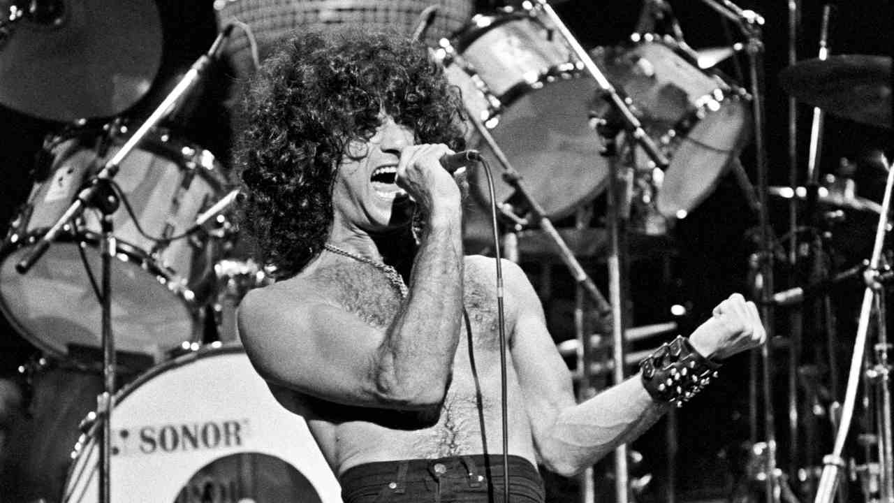 Krokus singer Marc Storace performing onstage in the 1980s