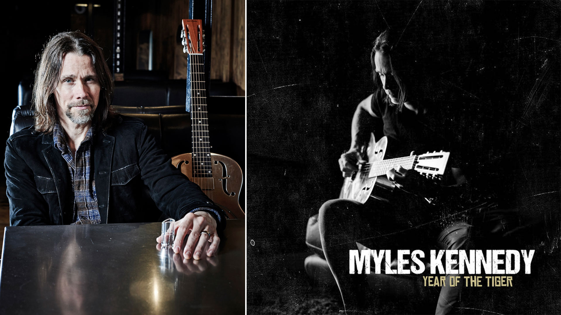 Myles Kennedy, photographed before a live performance at Thekla in Bristol, England, on March 24, 2018. To the right is the artwork for his debut solo album, Year of the Tiger, released the same year.