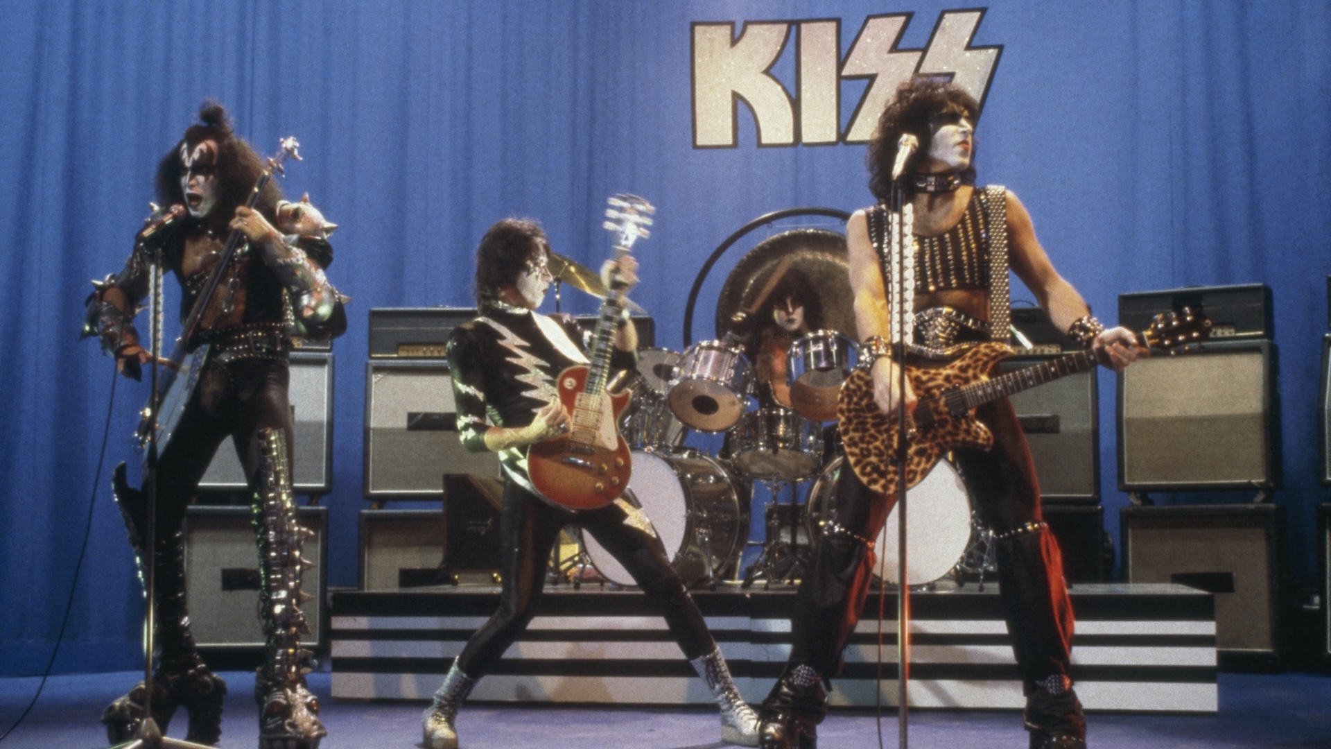 Kiss performing on stage, circa 1981. Left to right: Gene Simmons, Ace Frehley, Eric Carr and Paul Stanley.