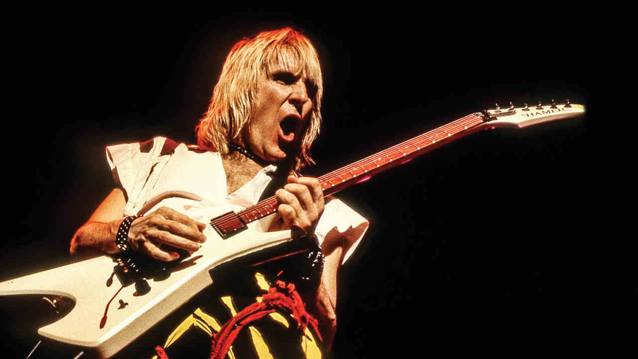 Krokus&amp;rsquo; Fernando von Arb performing onstage in the 1980s
