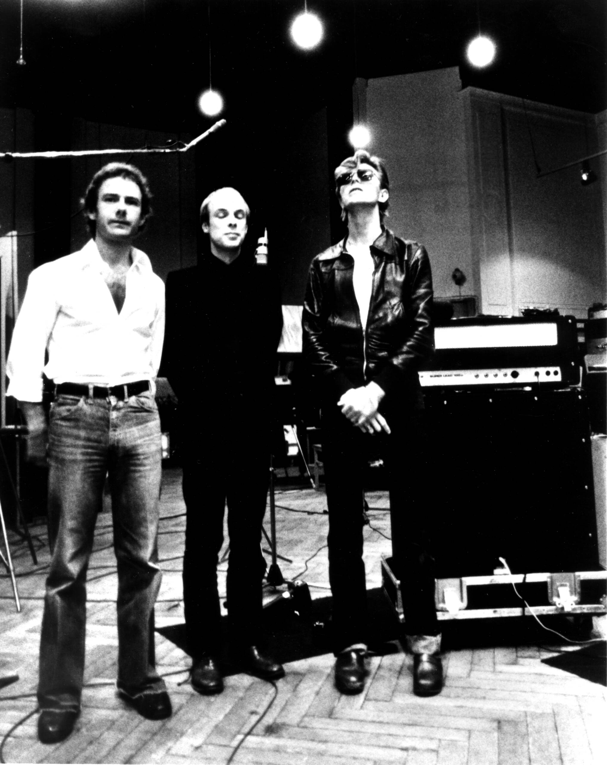 David Bowie, Robert Fripp and Brian Eno recording Heroes in 1977