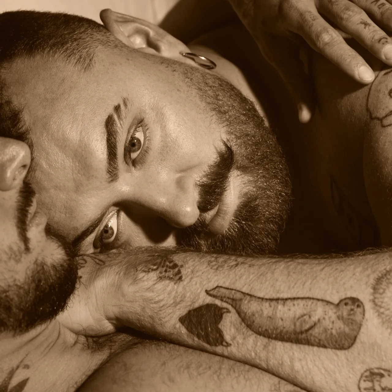 Image may contain: Sam Smith, Body Part, Finger, Hand, Person, Face, Head, Photography, Portrait, Skin, Tattoo, and Beard