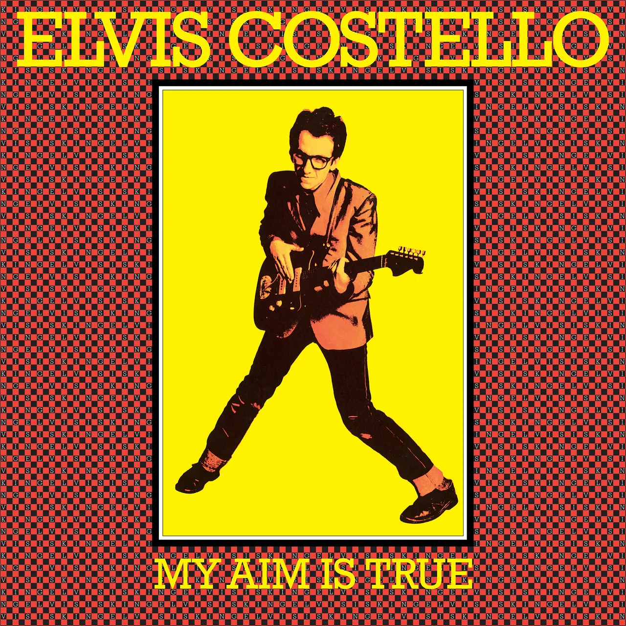 Image may contain: Elvis Costello, Adult, Person, Advertisement, Poster, Guitar, Musical Instrument, Face, and Head