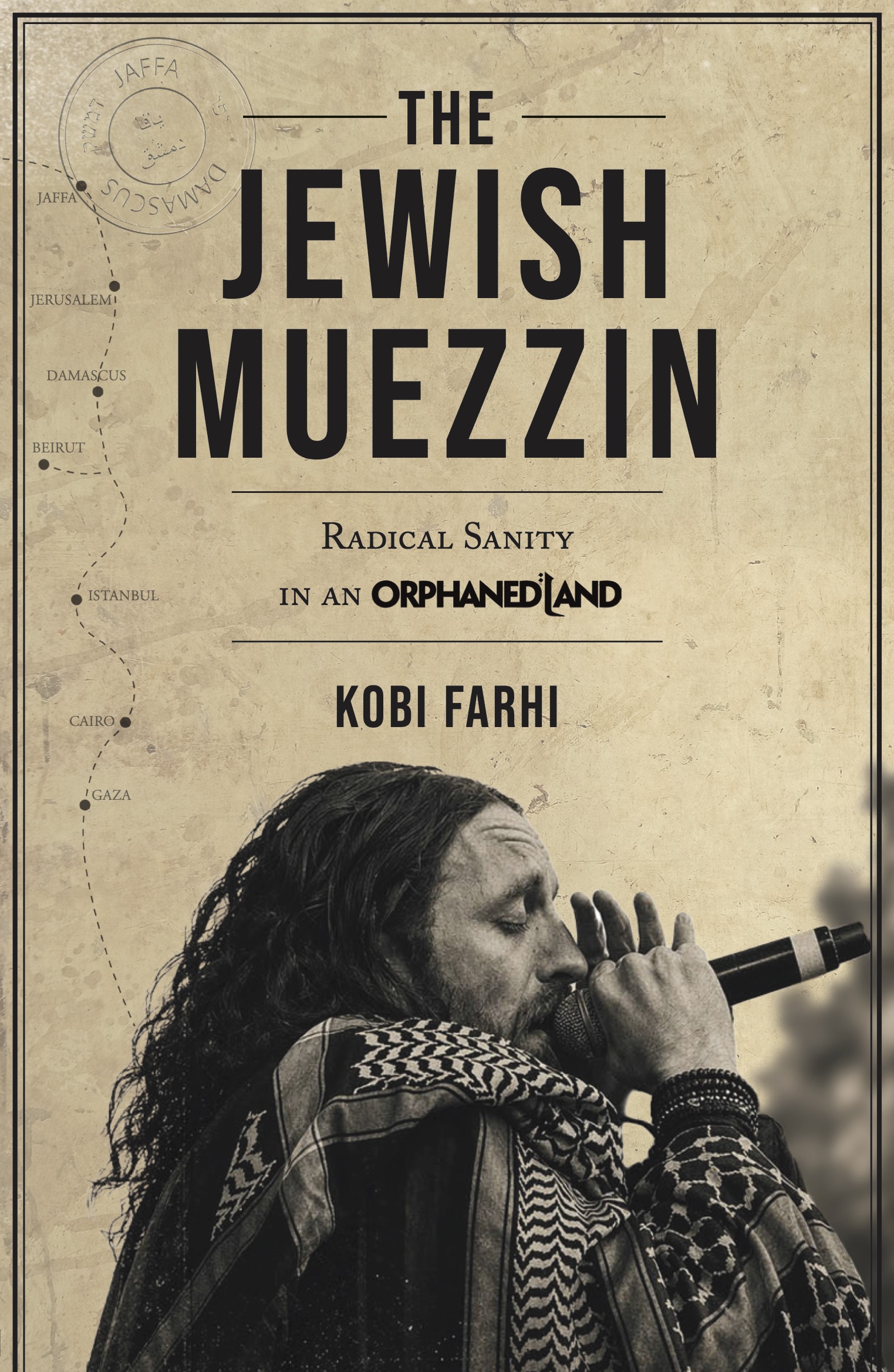 The cover of Kobi Farhi&amp;rsquo;s book The Jewish Muezzin, featuring a man with long hair singing into a microphone