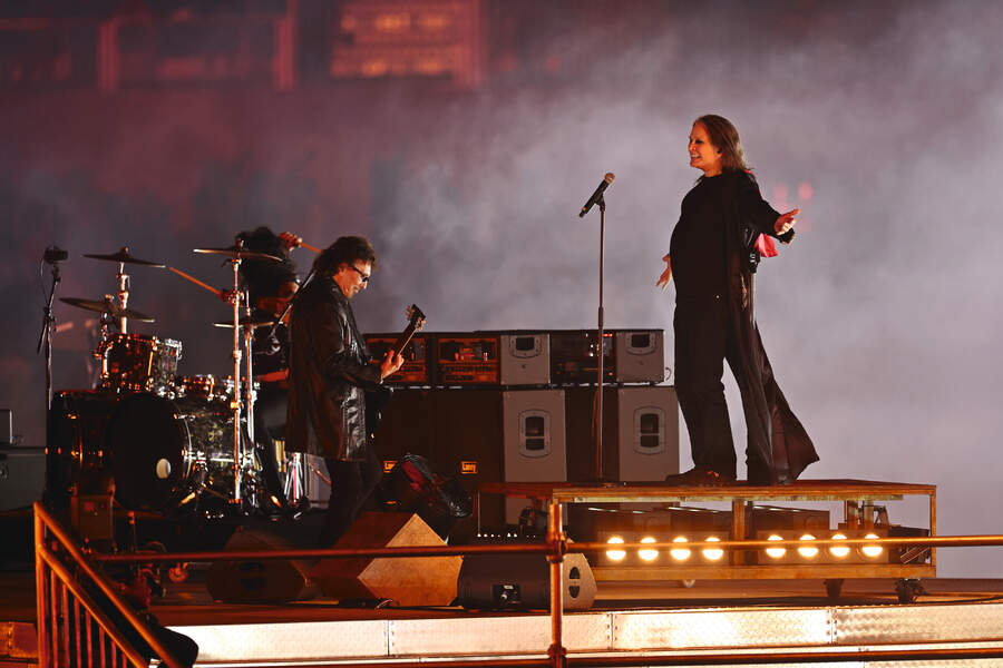 Ozzy Osbourne and Toni Iommi during the Birmingham 2022 Commonwealth Games Closing Ceremony at Alexander Stadium on August 08, 2022 in Birmingham, England